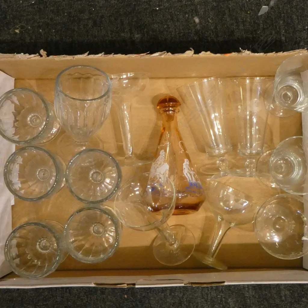 BOX 6 VINTAGE SUNDAE GLASSES, TALL GLASSES, HOLLOW STEM CHAMPAGNES, DECANTER Image 1++