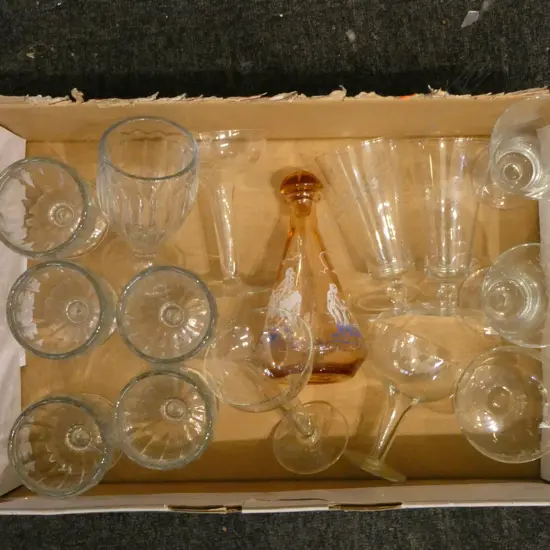 BOX 6 VINTAGE SUNDAE GLASSES, TALL GLASSES, HOLLOW STEM CHAMPAGNES, DECANTER