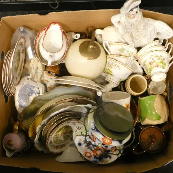 ASST. CHINA INCL. STAFFORDSHIRE FLAT BACK MAN ON HORSE, DECO LIGHT ETC