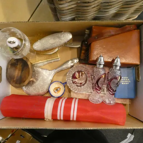 BOX OF: VANITY MIRROR & BRUSH SET + Buried Army figures + red nylon roll + mini thunder bowl + card box w postcards etc