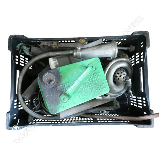 CRATE OF VINTAGE R/ROYCE CAR PARTS HORN PETROL CAN ETC