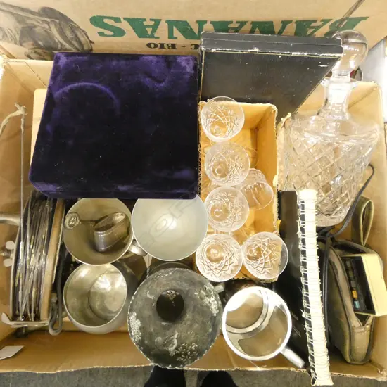ASST INCLDS; EPNS TEASPOON & TONGS SET, NAPKIN RING SET, TANKARDS, SURVEYOR'S STEEL BAND TAPE ETC