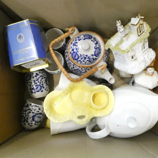 ASST. CHINA Incl. ORIENTAL B/W TEA SET, MANTEL COTTAGES, WEDGWOOD TEA etc