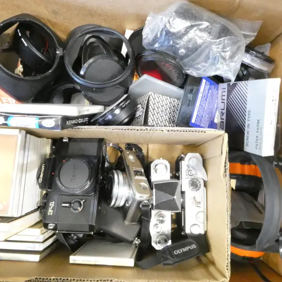 4 CAMERAS; NIKON, 2 x CANON, OLYMPIC & QTY COKIN/ KENKO CAMERA FILTERS & ACCESSORIES