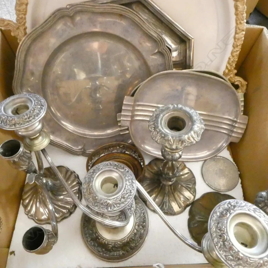ASSTD. TRAYS, CANDELABRA, BOTTLE COASTER, CANDLESTICKS SILVER PLATED Image 1++