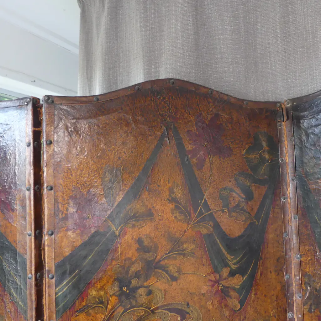 VINTAGE PAINTED LEATHER 4 PANEL SCREEN 2140x555mm SOME TEARS ETC Image 1++