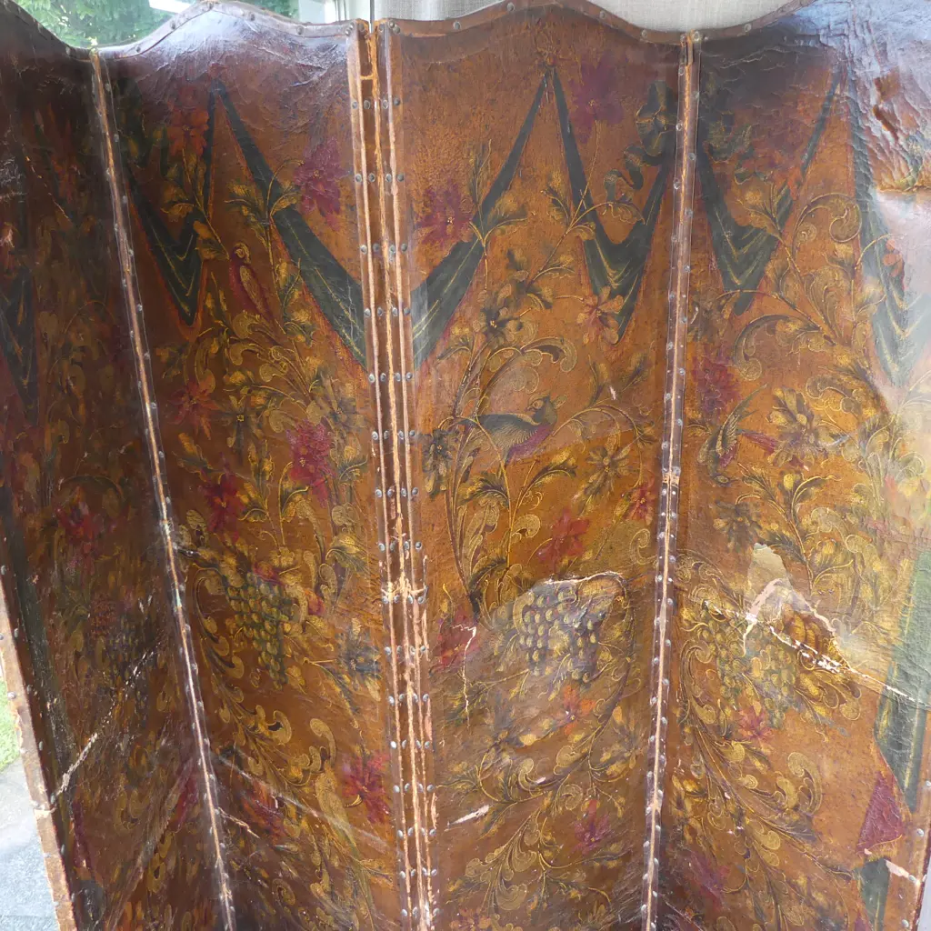 VINTAGE PAINTED LEATHER 4 PANEL SCREEN 2140x555mm SOME TEARS ETC Image 1++