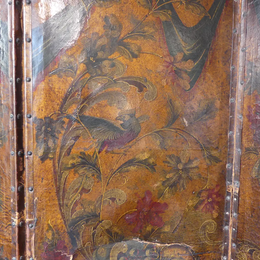 VINTAGE PAINTED LEATHER 4 PANEL SCREEN 2140x555mm SOME TEARS ETC Image 1++