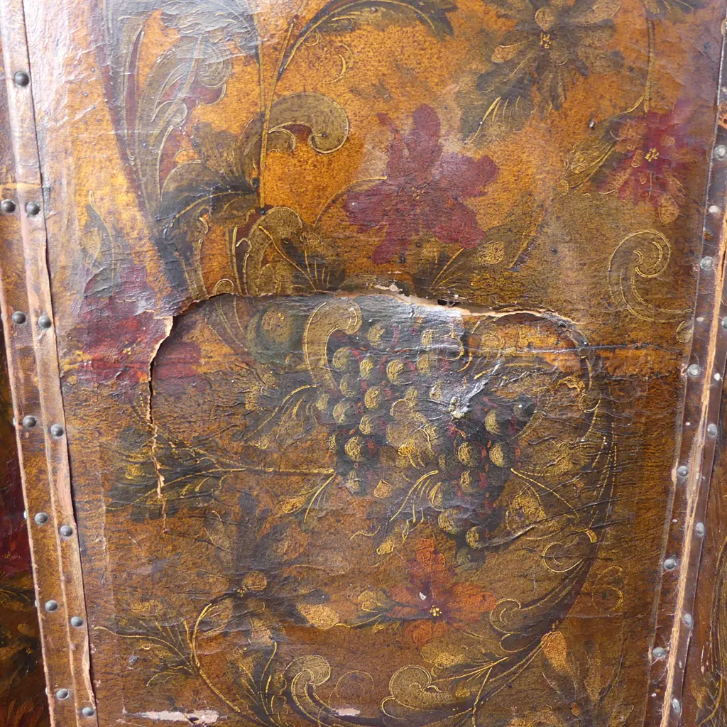 VINTAGE PAINTED LEATHER 4 PANEL SCREEN 2140x555mm SOME TEARS ETC Image 1++