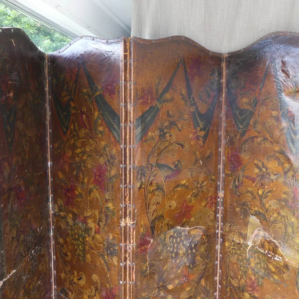 VINTAGE PAINTED LEATHER 4 PANEL SCREEN 2140x555mm SOME TEARS ETC Image 1++