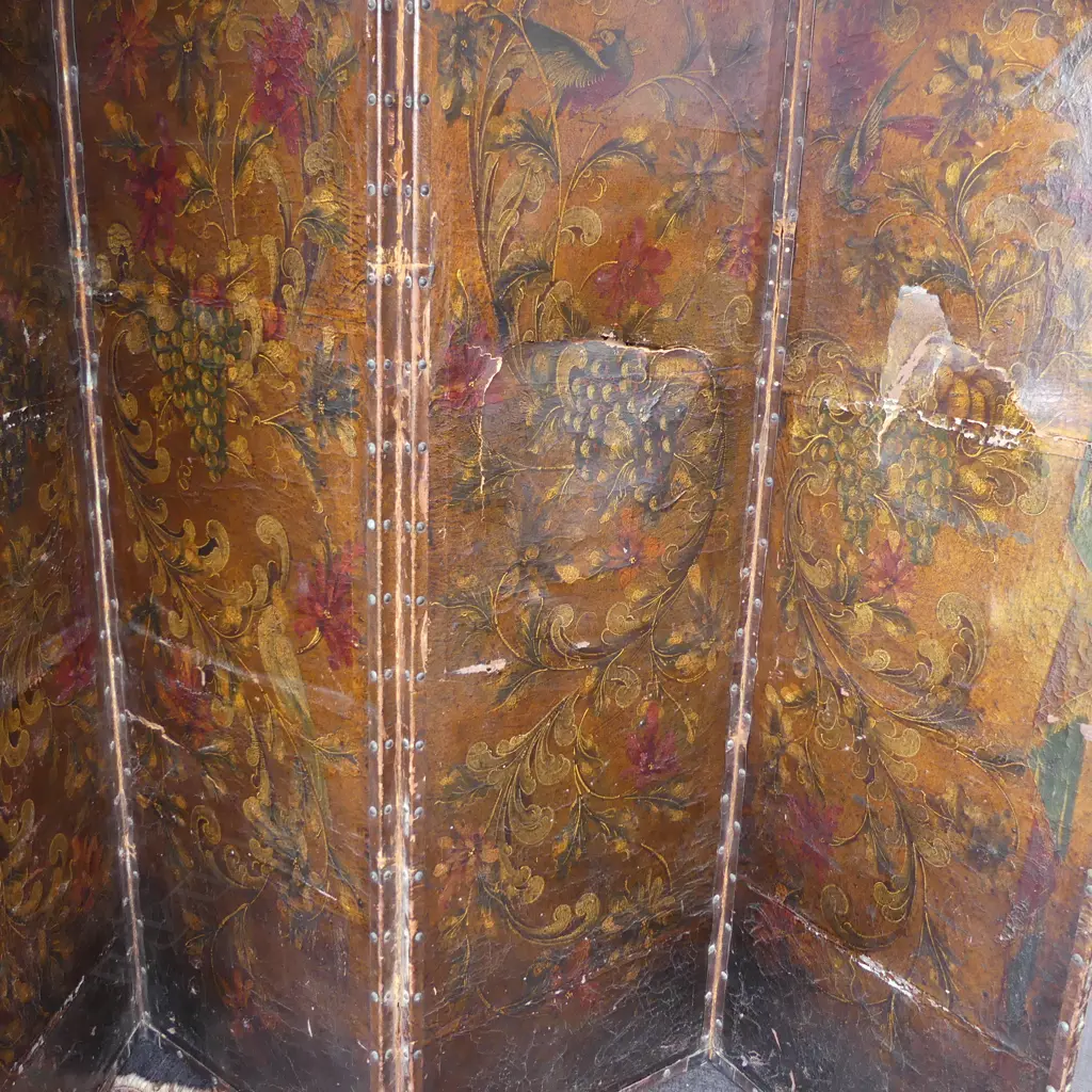 VINTAGE PAINTED LEATHER 4 PANEL SCREEN 2140x555mm SOME TEARS ETC Image 1++