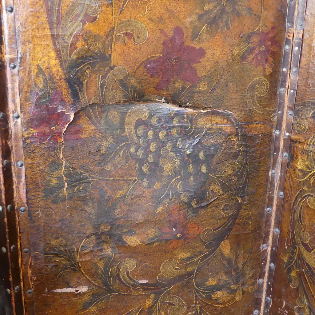 VINTAGE PAINTED LEATHER 4 PANEL SCREEN 2140x555mm SOME TEARS ETC Image 1++