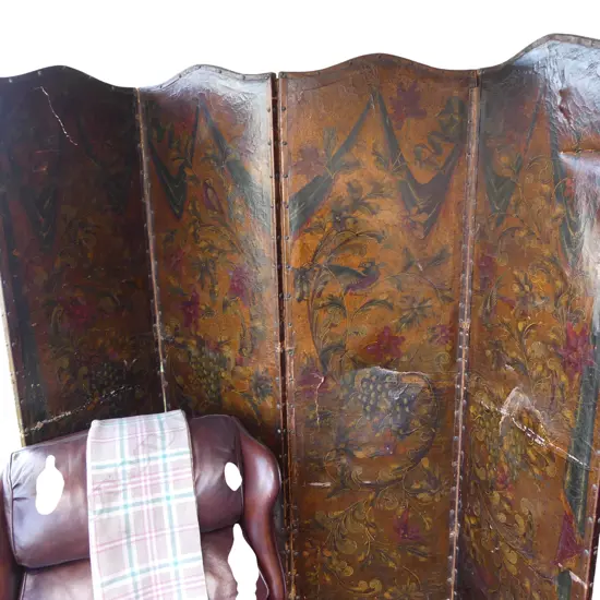 VINTAGE PAINTED LEATHER 4 PANEL SCREEN 2140x555mm SOME TEARS ETC