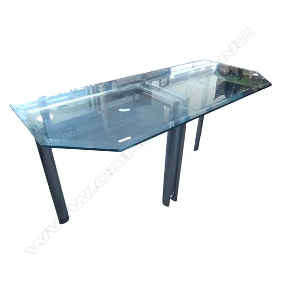 MODERN TABLE; GLASS TOP, CHROME METAL BASE