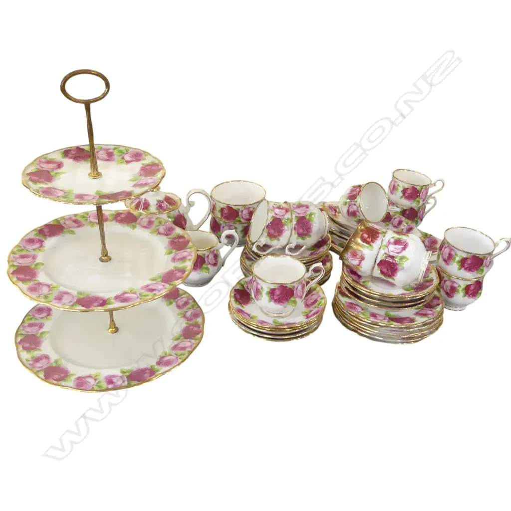 ROYAL ALBERT OLD ENGLISH ROSES TEA SET, TEAPOT, 12 TRIOS, M/S, 6 SERVING PLATES, 3 SML DISHES & CAKE STAND Image 1++