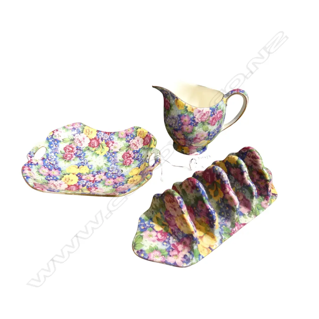 1930’S ROYAL WINTON ‘JULIA’ CHINTZ TOAST RACK, JUG & DISH, L.175MM Image 1++