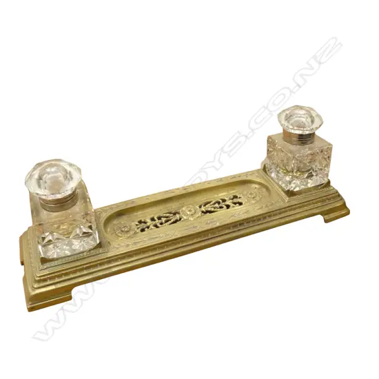 ANTIQUE GILT METAL INKWELL SET W.340mm