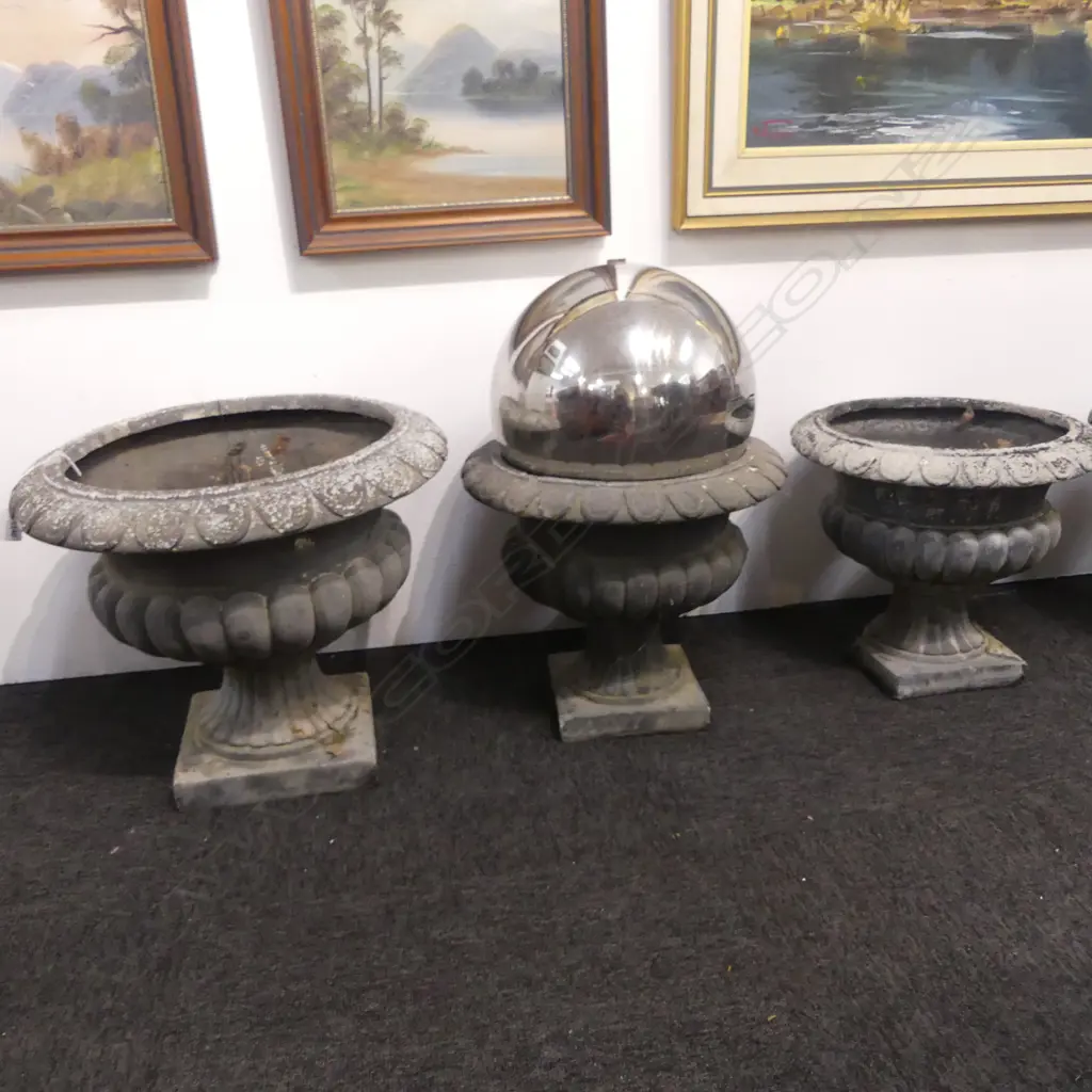 5 FIBREGLASS GARDEN URNS, minor faults (4 H.330mm + 1 H.390mm) + METAL SPHERE FOUNTAIN PIECE Image 1++