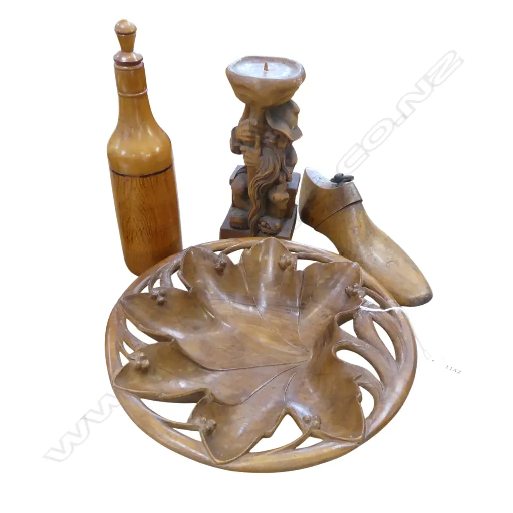 TURNED WOOD BOTTLE, CARVED FIGURAL CANDLESTICK, OAK LEAF BOWL & SHOE LAST '7' Image 1++