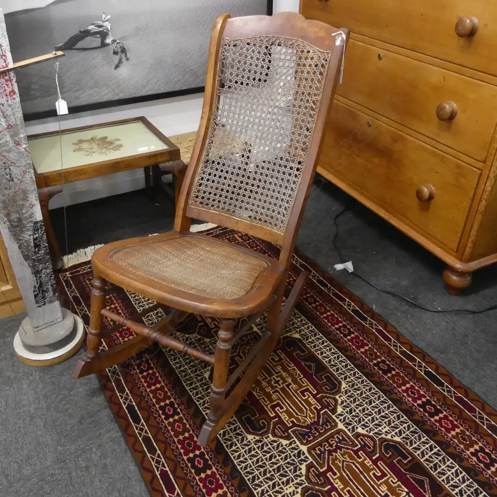 ANTIQUE WOODEN ROCKING CHAIR, CANED SEAT & BACK Image 1++
