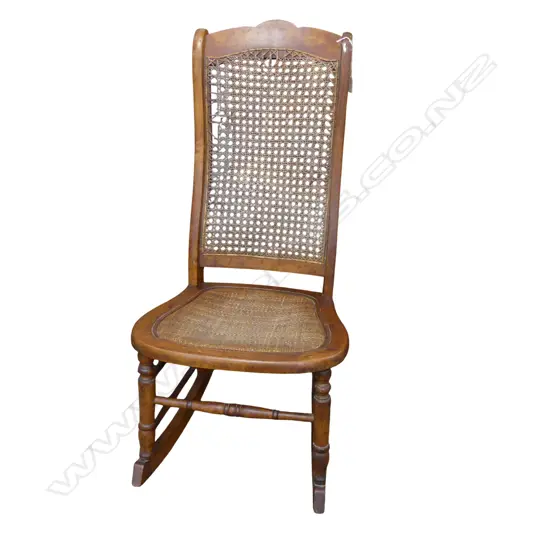 ANTIQUE WOODEN ROCKING CHAIR, CANED SEAT & BACK