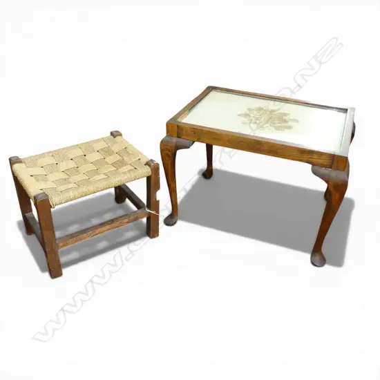 OAK SIDE TABLE, NEEDLEWORK TOP W.530mm / FOOT STOOL, WOVEN TOP W.355mm