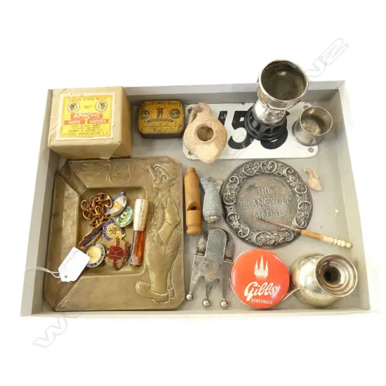 TRAY COLLECTIBLES WHISTLE, GOLF ASHTRAY, ENAMEL BADGES, MATCHES, CUPS ETC