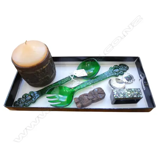 VINTAGE MAORI TIKI CANDLE, SERVERS, CADDY SPOON, FIGURE & NAPKIN RING