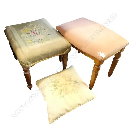 2 UPHOLSTERED STOOLS + NEEDLEWORK CUSHION