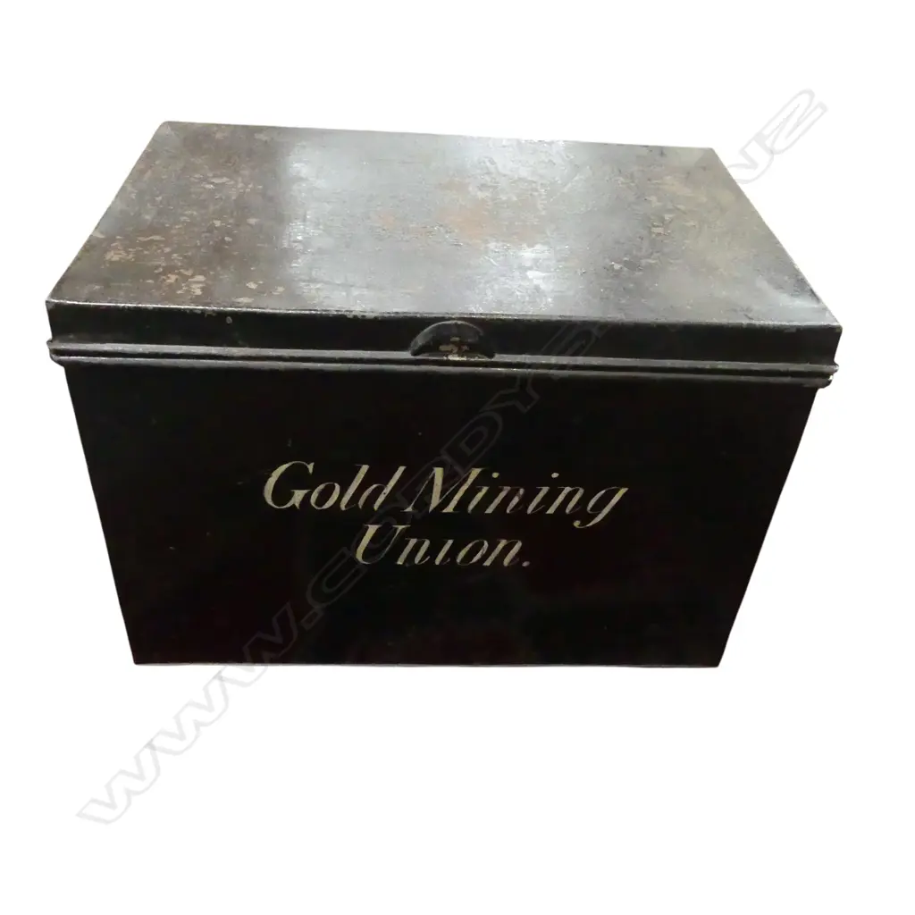 ANTIQUE BLACK PAINTED TIN TRUNK 'GOLD MINING UNION' W.450mm Image 1++