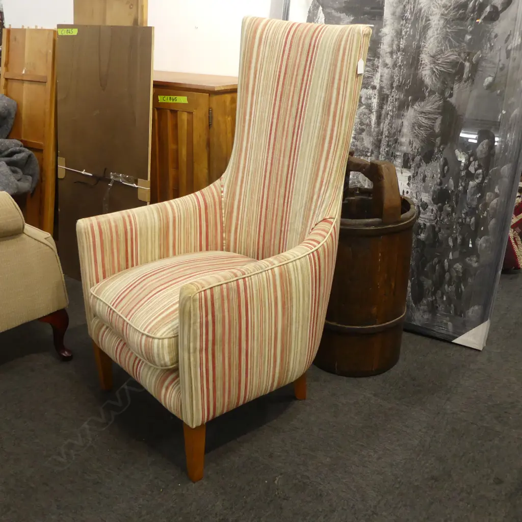MODERN ARMCHAIR; STRIPED UPHOLSTERY H.1150mm SHOWING SOME WEAR Image 1++