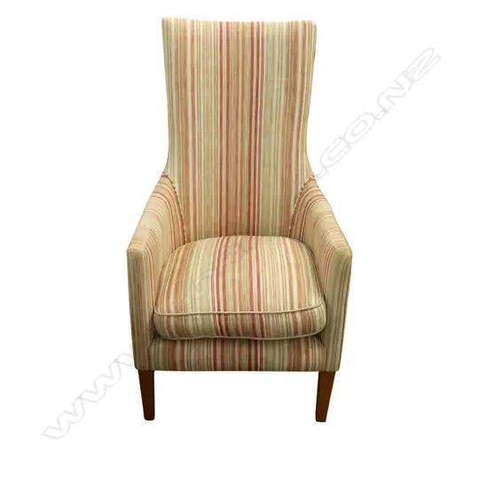 MODERN ARMCHAIR; STRIPED UPHOLSTERY H.1150mm SHOWING SOME WEAR
