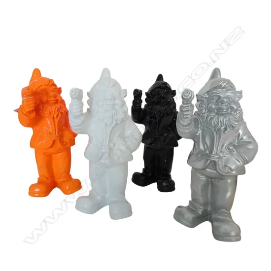 4 RESIN GNOMES HOLDING GUNS; BLACK, WHITE, ORANGE & SILVER H.300mm