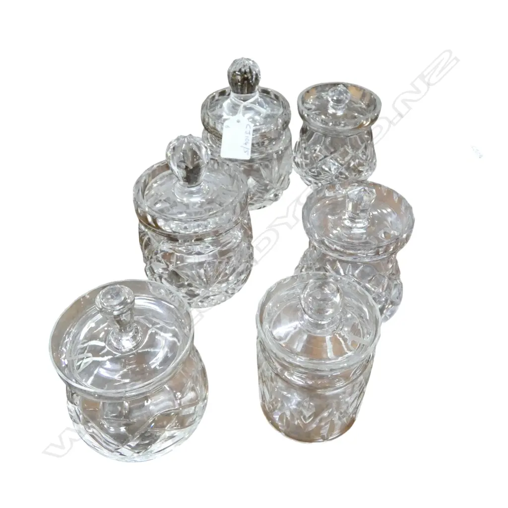 SIX VINTAGE CUT CRYSTAL LIDDED CONDIMENT JARS, H.105-140MM Image 1++