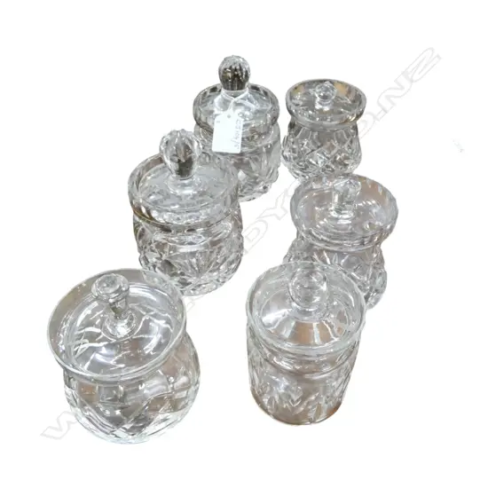 SIX VINTAGE CUT CRYSTAL LIDDED CONDIMENT JARS, H.105-140MM