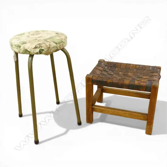 2 STOOLS: WOVEN LEATHER TOPPED + NZ 'ENJAY' metal legged stool