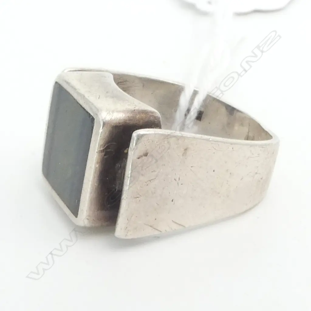 1970 LONDON SILVER RETRO DRESS RING tiger's eye set panel. By 'PGW'. Purchased Crafts Council London '70/71 by vendor Image 1++