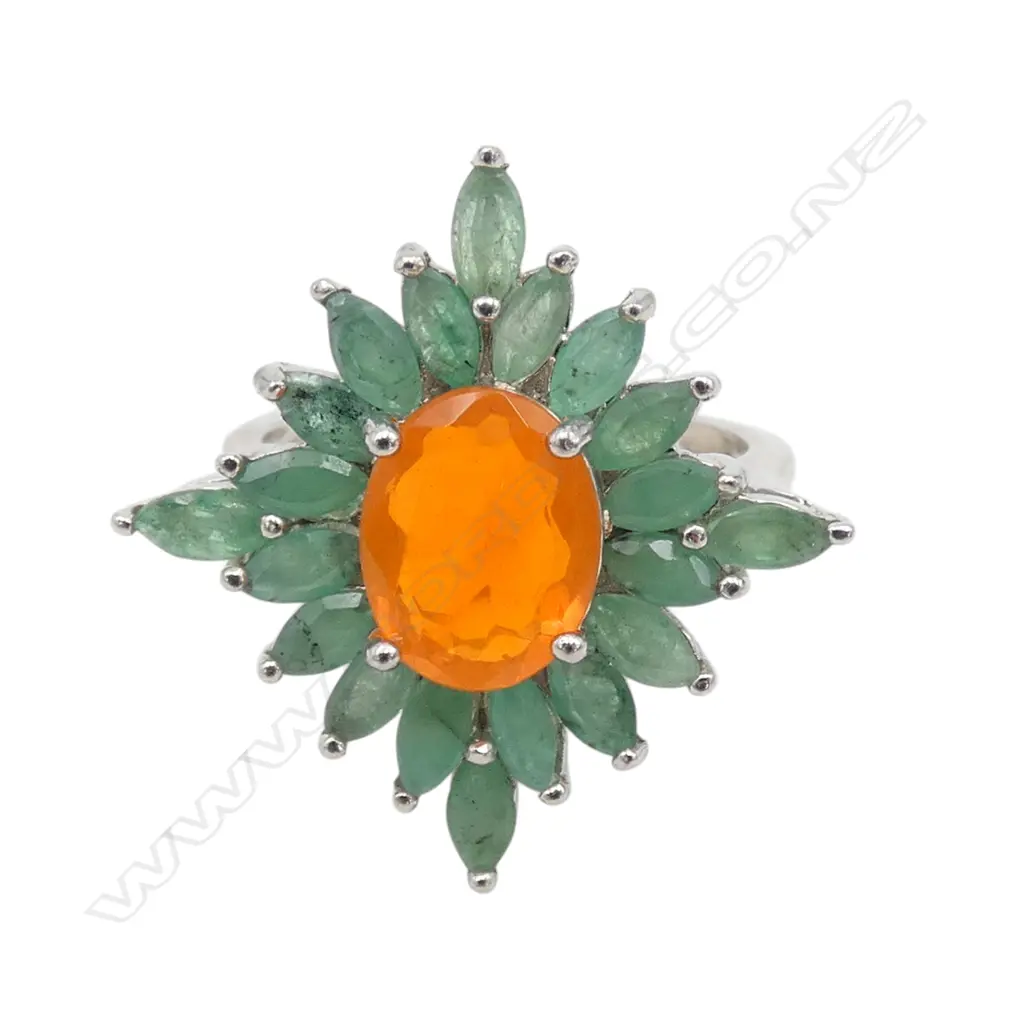 SILVER EMERALD AND FIRE OPAL RING Image 1++