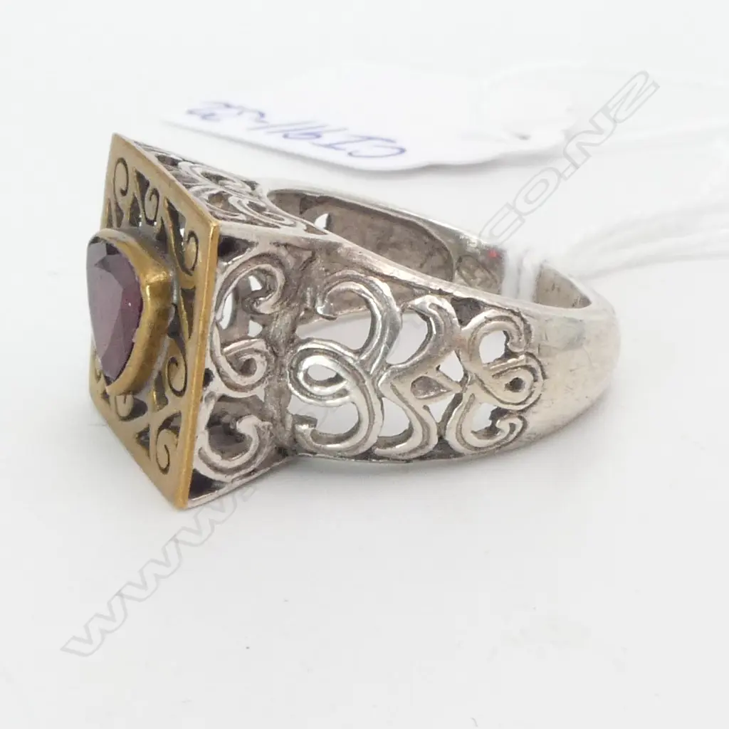 LGE SILVER & BRASS RING set w triangular garnet Image 1++