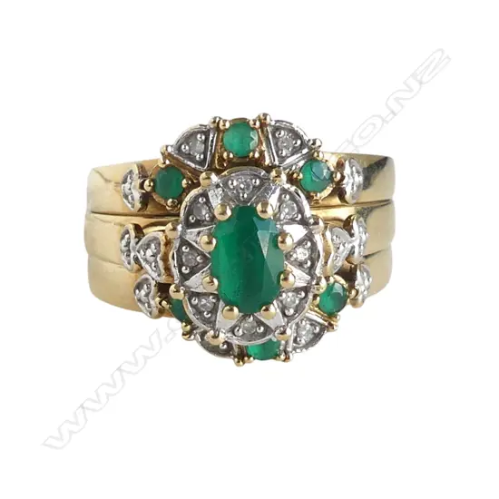 10ct YELLOW GOLD BYRON EMERALD & DIAMOND CLUSTER 3 RING SET 7gms (Size O TO P)