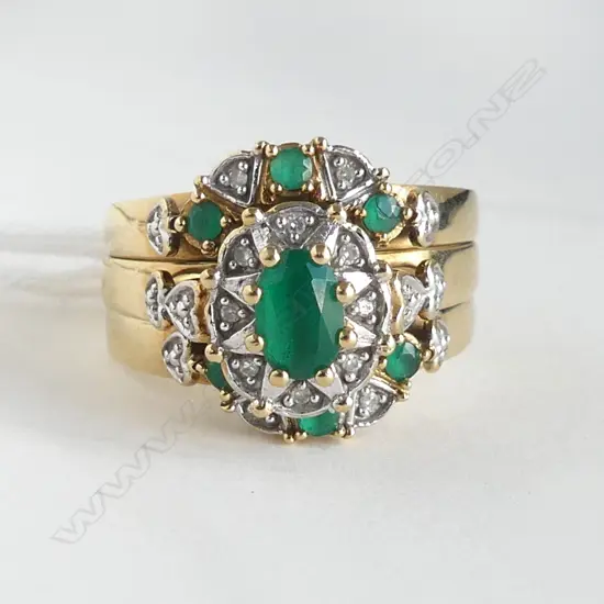 10ct YELLOW GOLD BYRON EMERALD & DIAMOND CLUSTER 3 RING SET 7gms (Size O TO P)