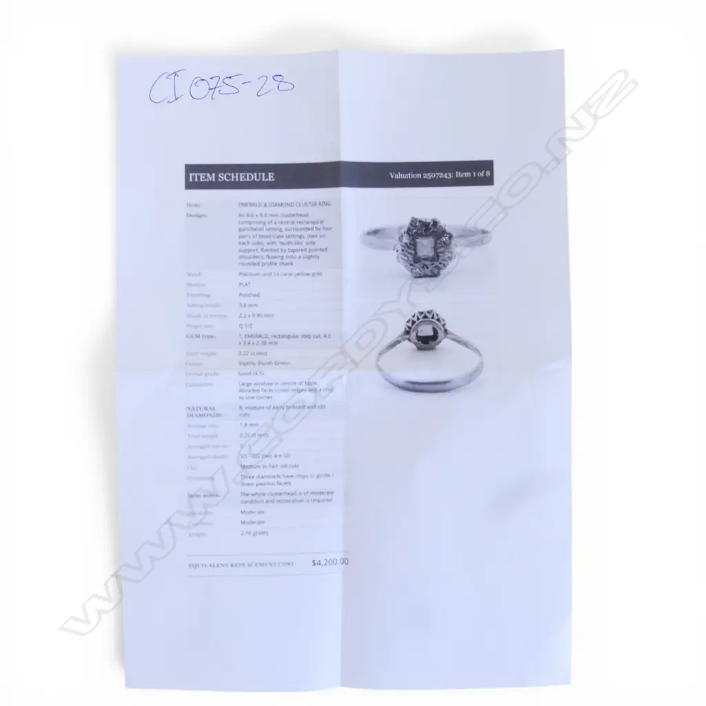 14ct ESTATE GOLD/PLATINUM EMERALD & DIAMOND CLUSTER RING, EMERALD 3.4x2.38mm 0.22ct approx, Q 1/2, 2.16gms Image 1++