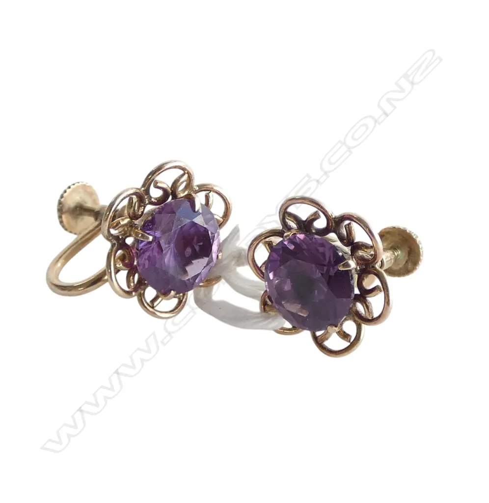 **RTV** PR 14ct GOLD &  SYN PURPLE SAPPHIRE STONE EARRINGS screw fittings 5.1gms Image 1++