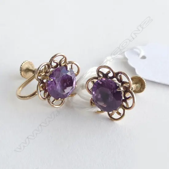 PR 14ct GOLD &  SYN PURPLE SAPPHIRE STONE EARRINGS screw fittings 5.1gms