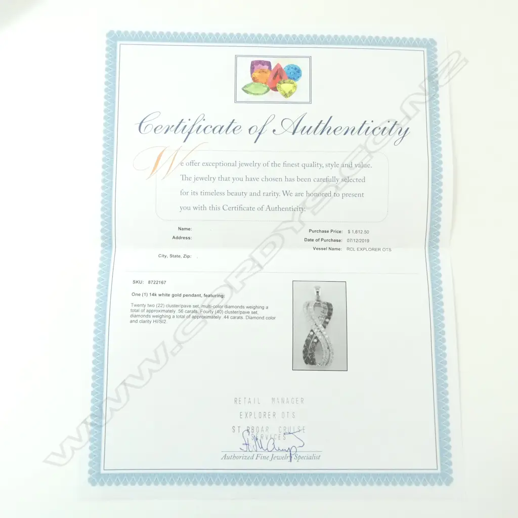 14CT WG PENDANT w. 62 DIAMONDS, 1 CARAT APPROX + CERT 3.46gms Image 1++