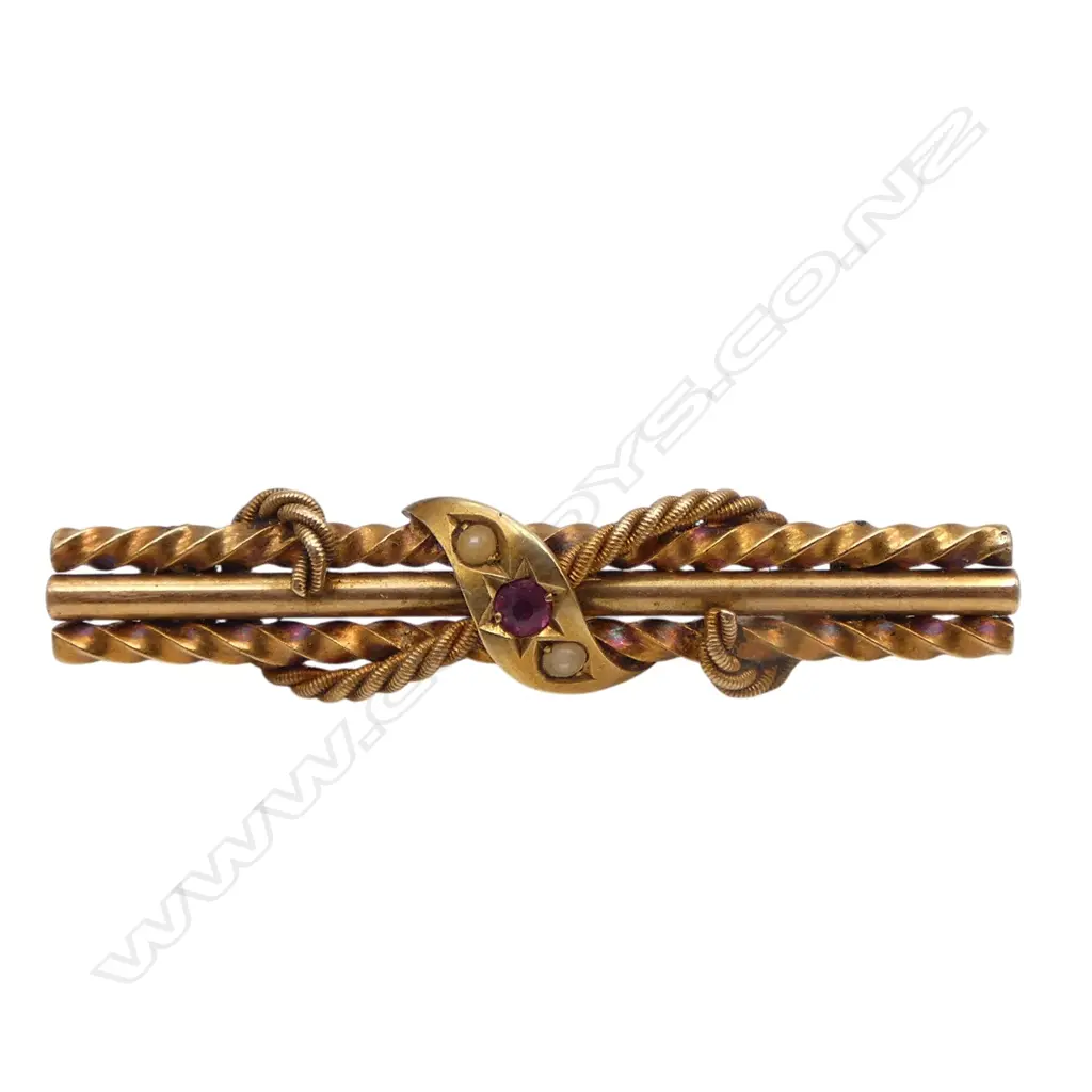 c1900 15ct GOLD BAR BROOCH w gems & rope twist highlights 4.4gms Image 1++