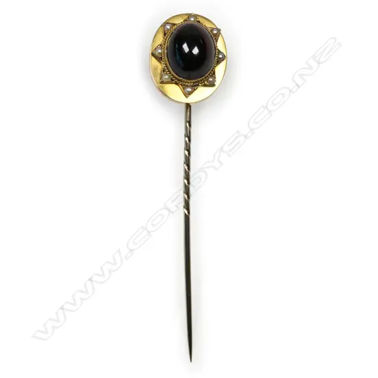 9CT  GARNET AND SEED PEARL STICK PIN L.70mm, 5.4gms CASED