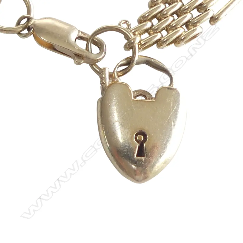 9ct GOLD GATE LINK BRACELET heart padlock + parrot clasp 20.4gms Image 1++