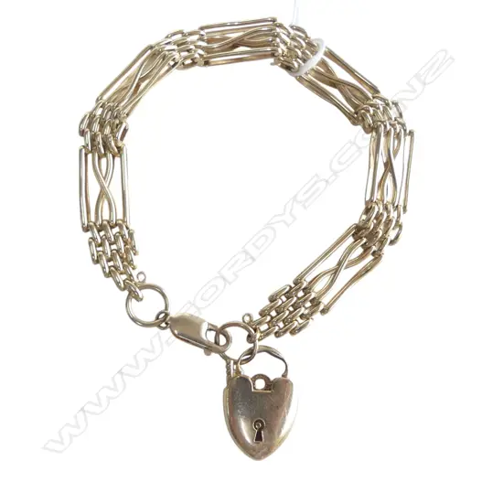 9ct GOLD GATE LINK BRACELET heart padlock + parrot clasp 20.4gms