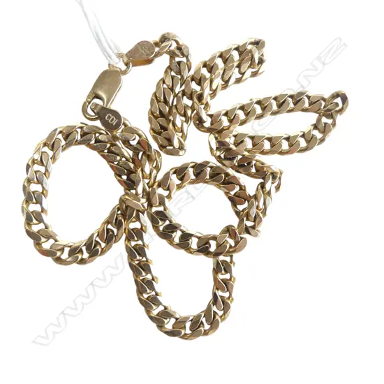 9ct GOLD FLAT CURB LINK NECK CHAIN L.440mm. 28gms